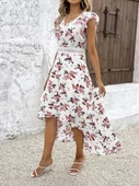Kadın Kısa Kollu V Yakalı çiçek Desenli önü Kısa Arkası Uzun Süprem Elbise thumbnail 6