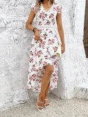 Kadın Kısa Kollu V Yakalı çiçek Desenli önü Kısa Arkası Uzun Süprem Elbise thumbnail 2