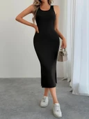 Kadın Askılı Yuvarlak Yakalı Yandan Yırtmaçlı Arkası Dantel Detaylı Viskon Elbise thumbnail 5