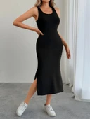 Kadın Askılı Yuvarlak Yakalı Yandan Yırtmaçlı Arkası Dantel Detaylı Viskon Elbise thumbnail 2