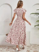 Kadın Kısa Kollu Kruvaze Yaka Beli Lastikli çiçek Desenli Elbise thumbnail 5