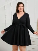 Kadın Uzun Kollu Kruvaze Yaka Kuşak Detay Salaş şardonlu Kaşkorse Mini Elbise thumbnail 2