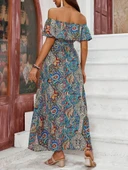 Kadın Kısa Kollu Madonna Yaka Fırfırlı Belden Yırtmaçlı Maksi Süprem Elbise thumbnail 5