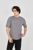 Unisex Jakar Kumaş Rahat Kol T-Shirt - Gri thumbnail 1