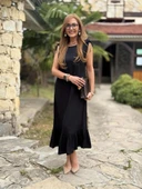 Kadın Omuzlardan Büzgülü Kayık Yaka Fırfırlı Janjan Krep Elbise thumbnail 4