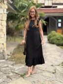 Kadın Omuzlardan Büzgülü Kayık Yaka Fırfırlı Janjan Krep Elbise thumbnail 3