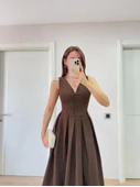 V Yaka Uzun Kolsuz Elbise- Kahverengi thumbnail 2
