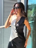 Kadın Sıfır Kol V Yakalı Düğmeli Blok Renkli Atlas Yelek - 4