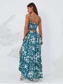 Kadın Ince Askılı çiçek Baskı Desenli Crop Yırtmaçlı Etek Ikili Süprem Takım thumbnail 6