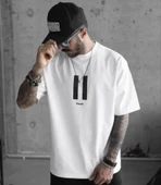 Unisex Bisiklet Yaka Baskılı Oversize T-Shirt - Beyaz thumbnail 2