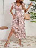 Kadın Kısa Kollu Kruvaze Yaka Beli Lastikli çiçek Desenli Elbise thumbnail 2