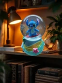 Işıklı Püskürtmeli 10cm-8cm -mavi renk ( sarı altlık) Stitch Kar küre thumbnail 5