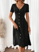 Lucky Life Kadın Kısa Kollu V Yakalı önden Düğmeli A Kesim Dokuma Elbise thumbnail 12