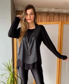 Kadın Uzun Kol Asimetrik Kesim Viskon Bluz Ve çatlak Deri Görünümlü Fermuar Detaylı Yelek Ikili Takım thumbnail 4