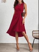 Kadın Sıfır Kollu Bisiklet Yaka Büzgülü Asimetrik Kesim Detaylı Janjan Krep Elbise thumbnail 1