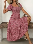 Kadın Kısa Kollu Gipe Detaylı Desenli Midi Süprem Elbise thumbnail 1