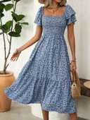 Kadın Kısa Kollu Gipe Detaylı Desenli Midi Süprem Elbise thumbnail 2