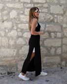 Kadın Yırtmaç Detaylı Viskon Kumaş Maxi Boy Cepli Iç Dahil Ikili Elbise thumbnail 3