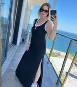 Kadın Yırtmaç Detaylı Viskon Kumaş Maxi Boy Cepli Iç Dahil Ikili Elbise thumbnail 8