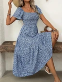 Kadın Kısa Kollu Gipe Detaylı Desenli Midi Süprem Elbise thumbnail 1