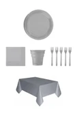 Gümüş Renk Plastik Tabak + Bardak + Çatal + Peçete ve Masa Örtüsü Seti - 1