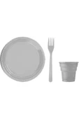 Gümüş-gri Plastik Tabak-bardak-çatal Set - 1