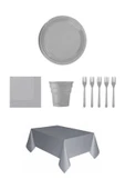 Gümüş Renk Plastik Tabak, Bardak, Çatal, Peçete Ve Tek Kullanımlık Masa Örtüsü Seti - 1