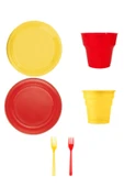 Plastik Tabak, Bardak, Çatal Set 48 Kişilik Sarı - Kırmızı - 1