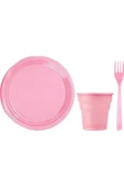Pembe Renk Plastik Tabak, Bardak, Çatal Seti Parti Piknik Seti - 1