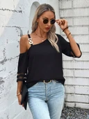 Kadın Askılı Asimetrik Kesim Kol Ve Yaka Kolda Tül Ve Aksesuar Detaylı Janjan Krep Bluz thumbnail 2