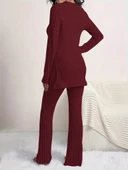 Kadın Uzun Kollu Yuvarlak Yaka Yandan Yırtmaç Detaylı şardonlu Kaşkorse Bluz Ve Pantolon Ikili Takım thumbnail 3