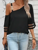 Kadın Askılı Asimetrik Kesim Kol Ve Yaka Kolda Tül Ve Aksesuar Detaylı Janjan Krep Bluz thumbnail 4