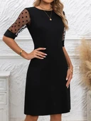 Kadın Puantiyeli Tül Kollu Bisiklet Yaka Janjan Krep Elbise thumbnail 1