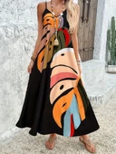 Kadın Ip Askılı V Yakalı Desenli Süprem Maxi Elbise thumbnail 3