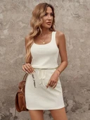 Kadın Askılı Kare Yakalı Belden Bağcıklı Triko Elbise thumbnail 4