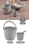 2’li Bebek Banyo Su Kovası ve Maşrapası Seti, Saplı Oluklu Kova 13lt ve Maşrapa 1,5lt Set Gri thumbnail 1