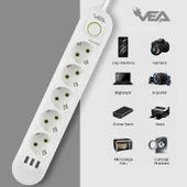 VEA VA-21562 Beyaz Akım Korumalı Grup Priz 5'Li 3 USB Girişli 1.5 Metre Anahtarlı - 5