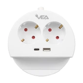 VEA VE-G1102C Yuvarlak Grup Priz 2'Lİ USB + TYPE-C Girişli Telefon Standlı 1.5 Metre thumbnail 2