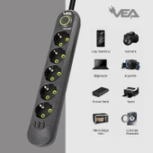 VEA VA-21561 Siyah Akım Korumalı Grup Priz 5'Li 3 USB Girişli 1.5 Metre Anahtarlı - 5