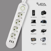 VEA VA-21560 Beyaz Akım Korumalı Grup Priz 4'Lü 3 USB Girişli 1.5 Metre Anahtarlı - 5