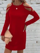 Kadın Uzun Kollu Omuz Açık Askı Detay Viskon Mini Boy Elbise thumbnail 1