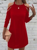 Kadın Uzun Kollu Omuz Açık Askı Detay Viskon Mini Boy Elbise thumbnail 3