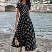 Kadın Kısa Kollu Bisiklet Yaka Puantiyeli Maksi örme Krep Elbise thumbnail 7