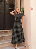 Kadın Kısa Kollu Bisiklet Yaka Puantiyeli Maksi örme Krep Elbise thumbnail 2