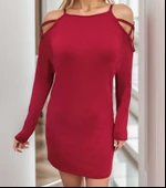 Kadın Uzun Kollu Omuz Açık Askı Detay Viskon Mini Boy Elbise thumbnail 5