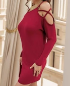 Kadın Uzun Kollu Omuz Açık Askı Detay Viskon Mini Boy Elbise thumbnail 6