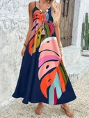 Kadın Ip Askılı V Yakalı Desenli Süprem Maxi Elbise thumbnail 1