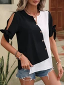 Kadın Kısa Kollu Kollardan Bağlamalı önden Asimetrik Kesim çift Renk Detaylı Düğmeli Ithal Krep Bluz thumbnail 3