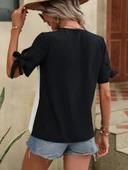 Kadın Kısa Kollu Kollardan Bağlamalı önden Asimetrik Kesim çift Renk Detaylı Düğmeli Ithal Krep Bluz thumbnail 2