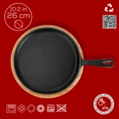 Lava Döküm Yuvarlak Pizza Krep Pankek Tavası Döküm Demir Yekpare Saplı Kayın Servis Ahşabı Çap(Ø)26cm. thumbnail 3